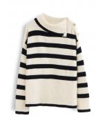 Buttoned Neck Striped Oversize Sweater in Cream