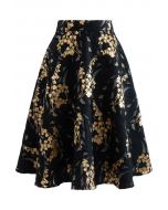 Harebell Embroidered Jacquard A-Line Midi Skirt in Black
