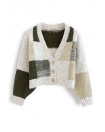 Color Block Fuzzy Knit Crop Cardigan in Army Green