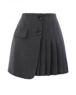 Buttoned Flap Pleated Mini Skirt in Grey