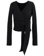 Plunging Wrap Tie Crop Knit Sweater in Black