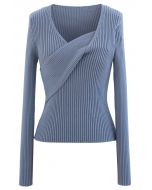 V-Neck Fitted Knit Top in Blue