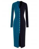 Button Down Two-Tone Spliced Bodycon Knit Dress in Teal