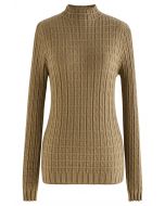 Maze Embossed High Neck Fitted Knit Top in Tan