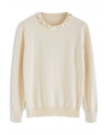 Pearl Trimmed Soft Knit Top in Cream