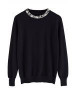 Pearl Trimmed Soft Knit Top in Black