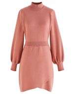 Mock Neck Cross Hem Knit Midi Dress in Coral