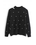 Pearly Cut Out Shoulder Shimmer Knit Sweater in Black
