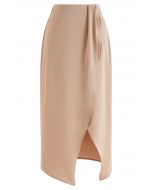 Front Slit Satin Midi Skirt in Apricot