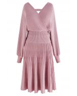 Glittering Ribbed Wrap Top and Pleated Skirt Knit Set in Pink