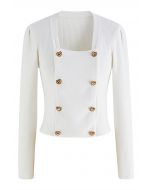 Heart-Shape Buttons Square Neck Knit Top in White