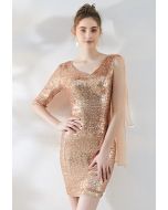 V-Neck Chiffon Spliced Sequined Cocktail Dress in Gold
