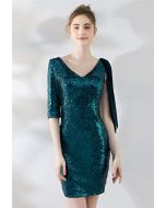 V-Neck Chiffon Spliced Sequined Cocktail Dress in Green