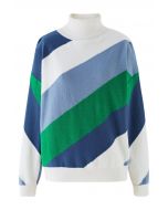 Striped Color Block Turtleneck Knit Sweater in Blue