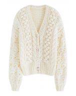 Button Up Pointelle Sleeve Pom-Pom Knit Cardigan in Ivory