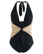 Two-Tone Self-Tie Bowknot Halter Swimsuit in Black