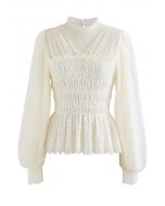 Shirred Lace Mesh Layered Puff Sleeve Top