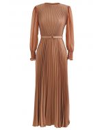 Full Pleated Belted Maxi Dress in Tan