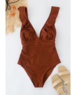 Deep-V Lace-Up Ruffle Swimsuit in Caramel