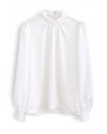 Bead Decor Ruched Mock Neck Satin Shirt in White