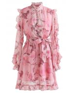 Blush Pink Floral Ruffle Belted Dress