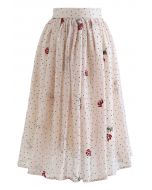 Rose Embroidered Velvet Dot Sheer Skirt