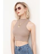 Ribbed Textured Cropped Racer Tank Top in Taupe