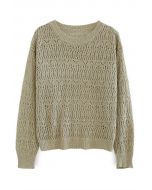 Monochrome Hollow Out Slouchy Knit Top in Olive