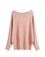 Boat Neck Batwing Sleeves Knit Top in Pink