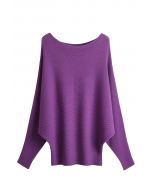 Boat Neck Batwing Sleeves Knit Top in Purple