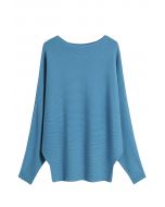 Boat Neck Batwing Sleeves Knit Top in Blue