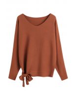 Batwing Sleeve Bowknot Oversize Sweater in Caramel