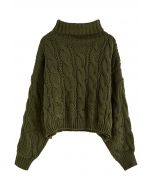 Turtleneck Braid Knit Crop Sweater in Army Green