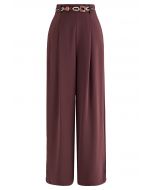 Pleat Front Wide-Leg Belted Pants in Berry