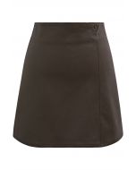 Button Trimmed Faux Leather Mini Skirt in Brown