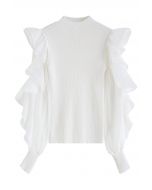 Tiered Ruffle Sleeves Spliced Knit Top in White