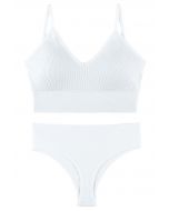 Plain Ribbed Lingerie Bra Top and Thong Set in White