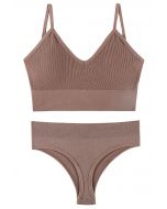 Plain Ribbed Lingerie Bra Top and Thong Set in Taupe