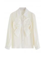 Embroidered Mesh Bowknot Buttoned Shirt