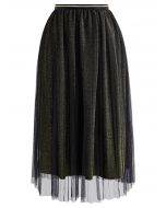 Glimmering Pleated Mesh Midi Skirt in Gold