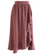 Ruffle Asymmetric Satin Midi Skirt in Rust Red