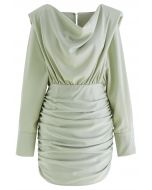 Padded Shoulder Cowl Neck Ruched Satin Dress in Mint