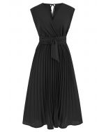 Sash Adorned Pleated Wrap Sleeveless Dress in Black