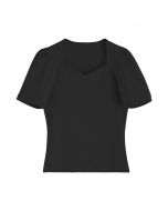 Square Neckline Puff Shoulder T-Shirt in Black