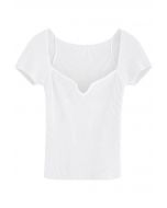 U-Shape Wide Collar Fitted Knit Top in White
