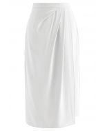 Side Pleated Flap Midi Skirt in White