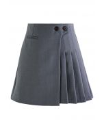 Twin Buttons Pleated Flap Mini Skirt in Grey