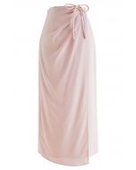 Tie Waist Asymmetric Flap Satin Midi Skirt in Light Pink