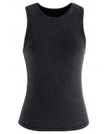 Washed Frayed Edge Ribbed Tank Top in Black