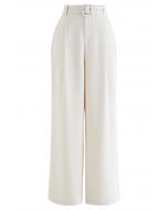 Sleek Belted Straight-Leg Pants in Ivory